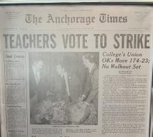 photograph of a 1973 issue of the Anchorage Times with headline "Teachers Vote to Strike."