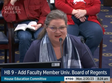 UNAC President Jill Dumesnil giving personal testimony on legislation for a faculty regent on the BOR