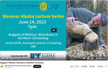 picture of summer sessions lecture series with Jamie Smith next to a beaver-chewed log