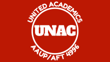 red background with white cirlce outline and the words United Academics AAUP/AFT 4996